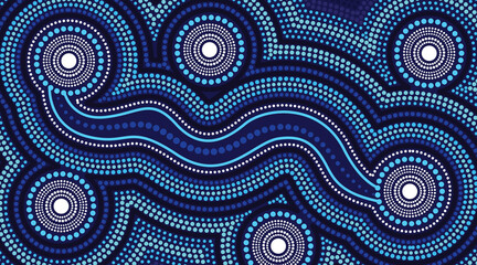 Dot art aboriginal blue background - obrazy, fototapety, plakaty
