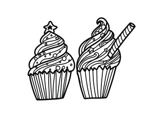 Tasty ice cream and muffin coloring page. Hand drawn line art illustration