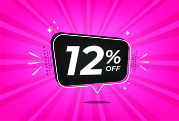 12 percent discount. Pink banner with floating balloon for promotions and offers.