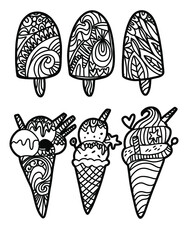 Tasty ice cream and muffin coloring page. Hand drawn line art illustration
