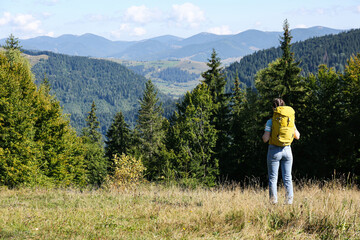 Fototapeta na wymiar Tourist with backpack enjoying mountain landscape on sunny day, back view