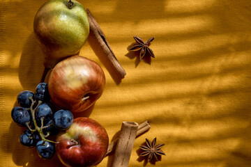 Autumn food with copy space and trendy shadows. Creative fruits photography: group of grapes, apples, star anise and cinnamon sticks. Top view. Vitamins, healthy food concept. Autumn mood board