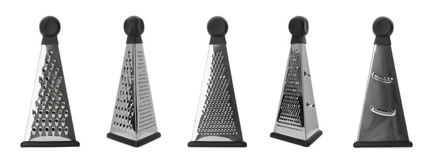 Stainless steel graters on white background, collage. Banner design