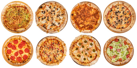 Fototapeta na wymiar Set of eight different pizzas on white isolated background