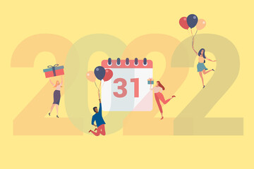Happy people greet the new year. Vector illustration in a flat style. Young people celebrate new year and merry christmas