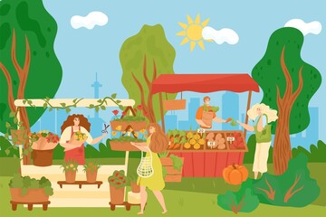 Stall shop with food, flowers, vector illustration, man woman seller character stand at market wooden kiosk, sale organic vegetable, plants