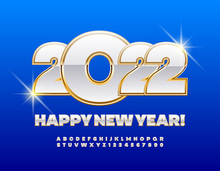 Obraz premium Vector chic Greeting Card Happy New Year 2022! Pearl and Golden Alphabet Letters and Numbers set. Bold elite Font