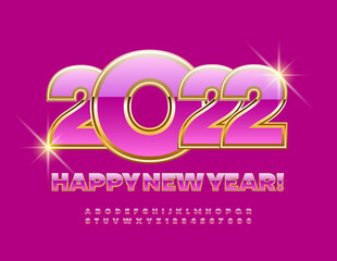 Vector pink Greeting Card Happy New Year 2022! Stylish Bold Font. Glamour Alphabet Letters and Numbers set