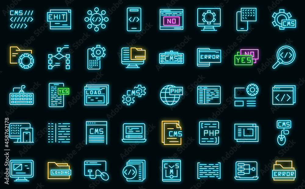 Poster cms development icons set outline vector. data code. design application