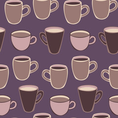 Vector seamless pattern with different shapes cups and mugs. Cups with coffee and cocoa.