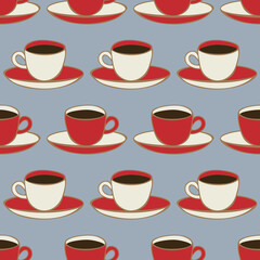 Vector seamless pattern with coffee cups and saucers. Bright design with hand drawn elements.