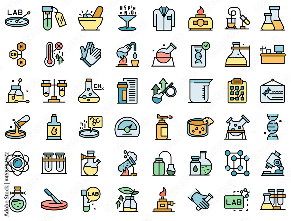 Wall mural laboratory research icons set outline vector. dna science. microscope chemistry