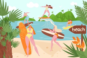 Ocean beach, summer surfing in water, vector illustration, flat woman man character at surfboard, vacation sport activity at sea wave.