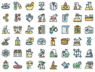Laboratory research icons set outline vector. Dna science. Microscope chemistry
