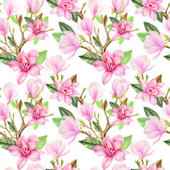 Watercolor seamless pattern with pink magnolia flowers on white 
background
