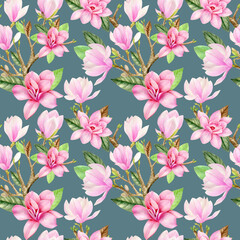 Fototapeta na wymiar Watercolor seamless pattern with pink magnolia flowers on blue background