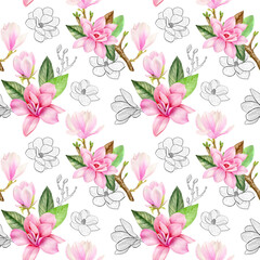 Watercolor seamless pattern with pink magnolia flowers on white background