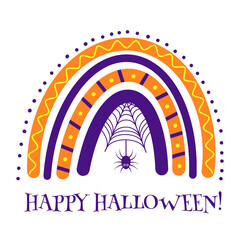 Halloween rainbow with cobweb. Cute Halloween clipart. Vector template for banner, poster, greeting card, sticker, clothes, etc