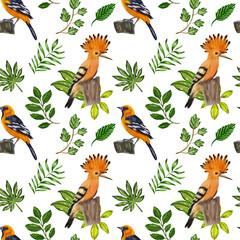 Watercolor seamless pattern with birds and leaves. Hand drawn graphics for wrapping papper, fabric, textile, gift ideas, scrapbooking.