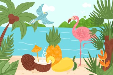 Obraz na płótnie Canvas Tropical exotic element design, vector illustration, summer paradise at hawaii, bird, flamingo at ocean shore with jungle palm leaf concept.