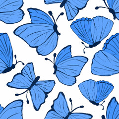 Seamless pattern blue butterfly isolated on white. Hand drawn illustration for card, textile, fabric, wallpaper
