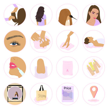  Instagram Highlights For A Beauty Salon. Make Up, Cosmetologi, Manicure, Hair Cut. Vector Flat Illustration.