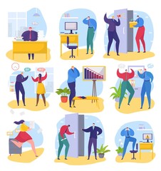 Business problem at office set, vector illustration, man woman character employee work with paper document at table, boss fired worker from job
