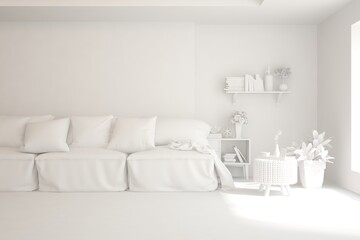 White minimalist living room with sofa. Scandinavian interior design. 3D illustration