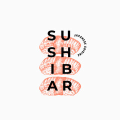 Asian Food Abstract Sign, Symbol or Logo Template. Hand Drawn Sushi or Sashimi and Modern Typography. Japanese Cuisine Vector Emblem Concept. Isolated