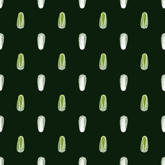 Seamless pattern Chinese cabbage on black background. Minimalism ornament with lettuce.