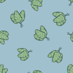 Seamless pattern bunch spinach salad on blue background. Simple ornament with lettuce.