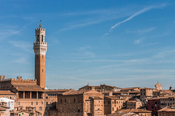 Fototapeta premium High angle view of the city of Siena. In the backgorund: Torre del Mangia (Mangia tower). Tuscany, Italy