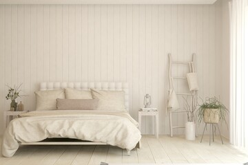 Soft color bedroom interior. Scandinavian design. 3D illustration