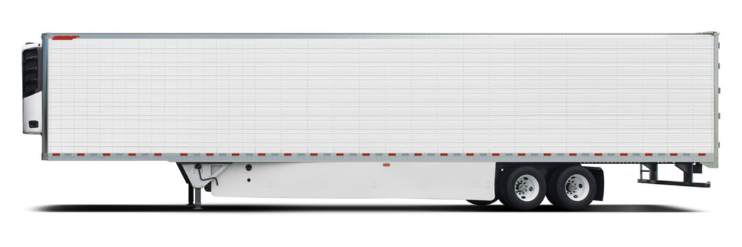Modern semi-trailer of an American truck in white color. Isolated on a white background.
