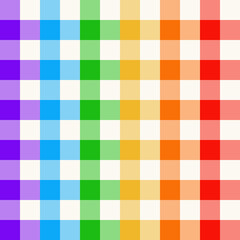 Gingham check plaid pattern in colorful rainbow colors. Seamless vichy graphic in purple, blue, green, red, orange, yellow, white for handkerchief, napkin, picnic blanket, gift paper, other textile.