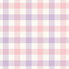 Vichy pattern in pastel lilac purple, pink, off white. Seamless spring summer gingham background vector graphic for tablecloth, oilcloth, picnic blanket, other modern fashion textile design.