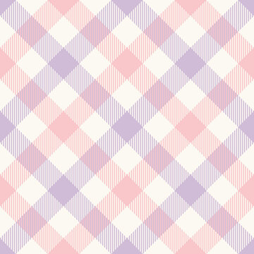 Gingham pattern in pastel lilac purple, pink, off white. Seamless spring summer vichy background vector graphic for tablecloth, oilcloth, picnic blanket, other modern fashion fabric print.