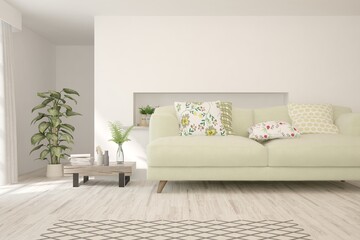 White living room with sofa. Scandinavian interior design. 3D illustration