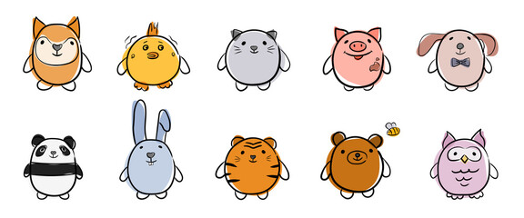 Color doodles of cute animals. Vector illustration in a linear style. Doodles of cute animals - tiger, fox, bear, panda, chicken, owl, pig, rabbit. Cute design for children's books and coloring pages 
