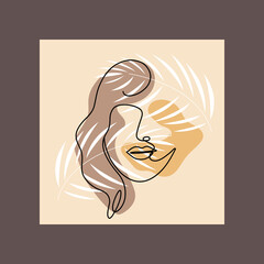 Poster line woman face with leaf. One-line drawing style. Vector illustration for design clothes, card, notepad, poster.