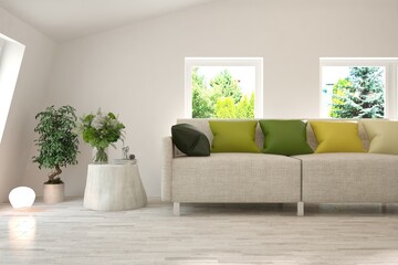White living room with sofa and summer landscape in window. Scandinavian interior design. 3D illustration