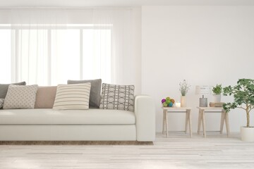 Soft color living room with sofa. Scandinavian interior design. 3D illustration