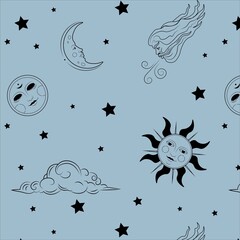 Vector pattern with vintage sun,moon and stars