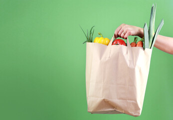 Hand holding paper bag with vegetables empty space green background.Online market,internet...