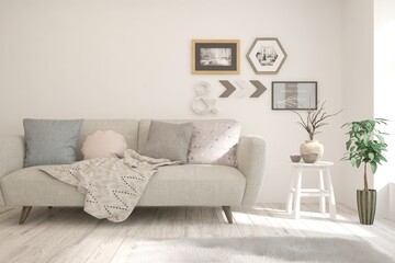 White living room with sofa. Scandinavian interior design. 3D illustration