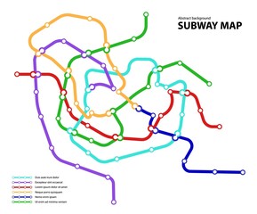 Subway map. Template of fictional town public transport scheme for underground transition road. Metro or bus abstract traffic pattern with circular infinite sign color routes. Vector card illustration