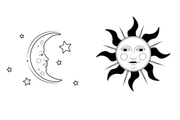 Vector vintage set with moon ans sun