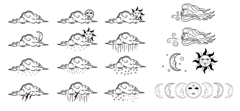Vector set of the vintage weather icons with moon phases