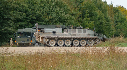 British Army Challenger Armored Repair and Recovery Vehicle (CRARRV) of the REME on a military training exercise, salisbury plain wiltshire UK
