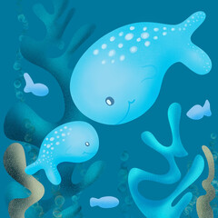 Mother and baby whale coral reef and tropical fish on a blue sea background. Underwater nature and marine wildlife.Family of sperm whales a creature of the sea world.Flat cartoon colorful illustration